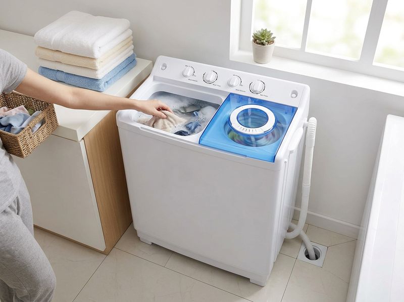 Twin tub washer beside a kitchen sink, lid open, comforter half loaded
