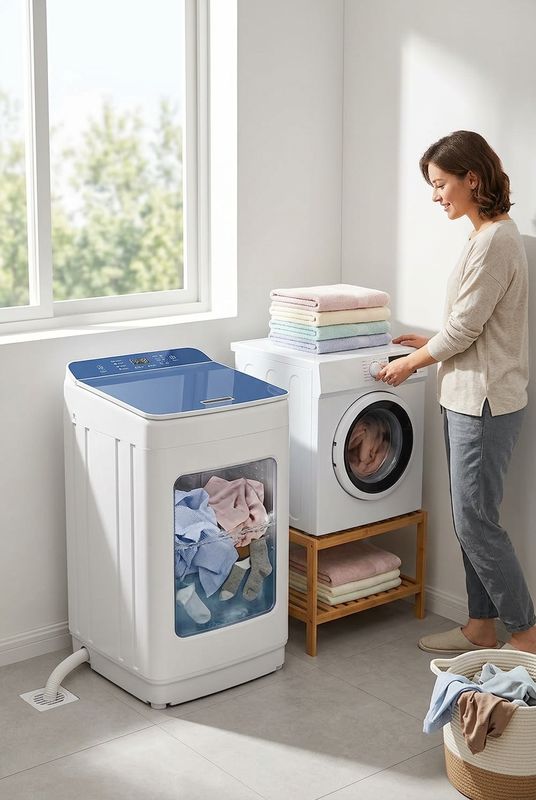 Portable washer with an LED panel in an apartment hallway