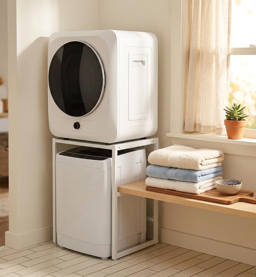 Compact clothes dryer on a counter in a camper van