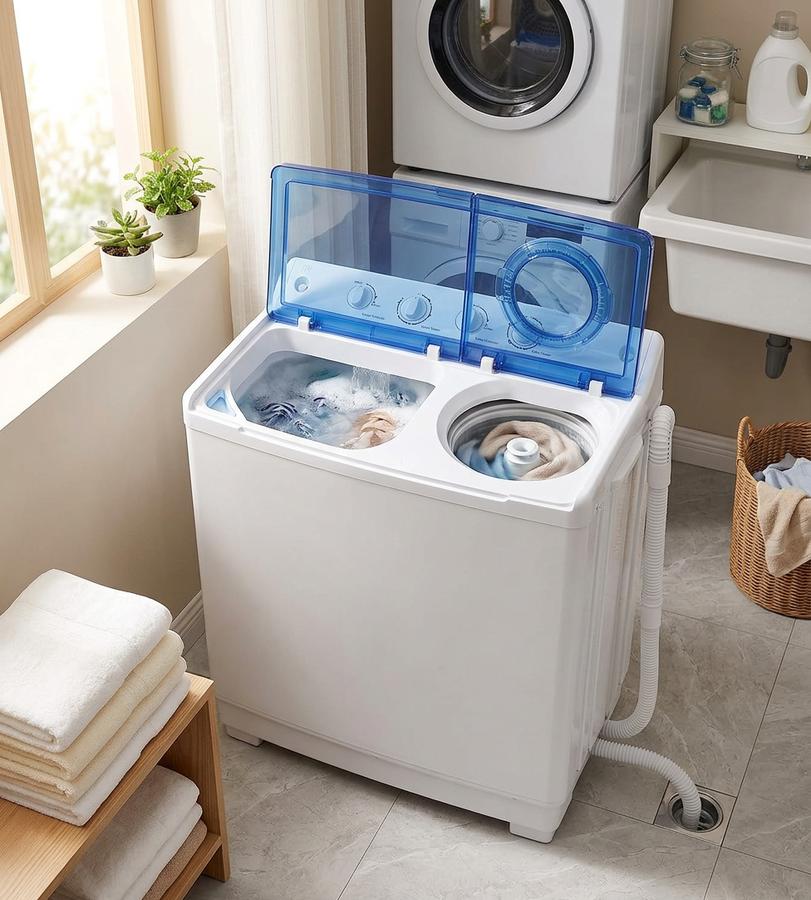 Twin tub washer beside an apartment kitchen sink