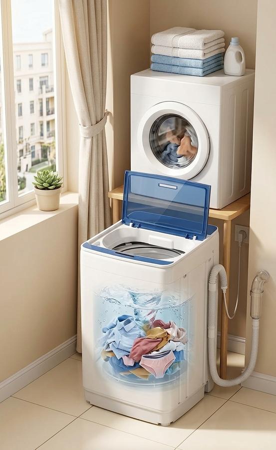 Automatic portable washer in a studio kitchenette