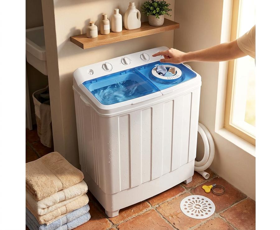 Twin tub washer draining into a kitchen sink