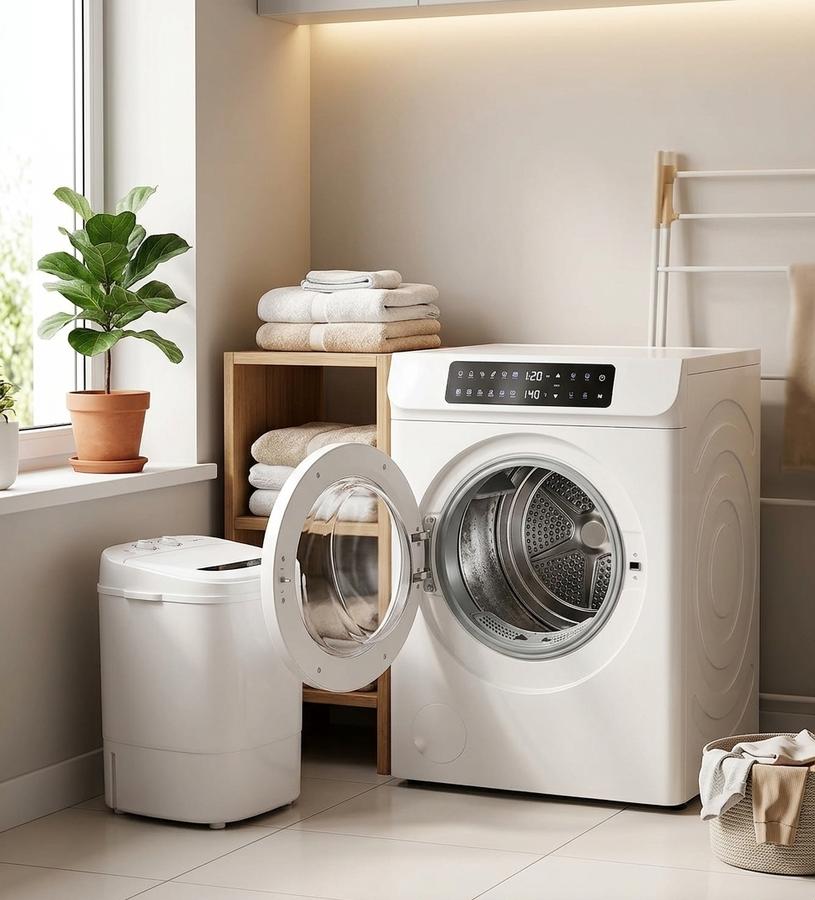 Freestanding dryer with the door open, queen comforter going in